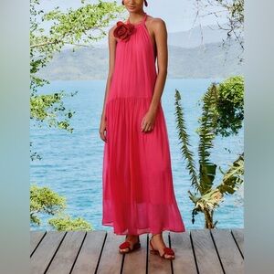 FARM Rio Hot Pink Halter Maxi Dress with Floral Accent